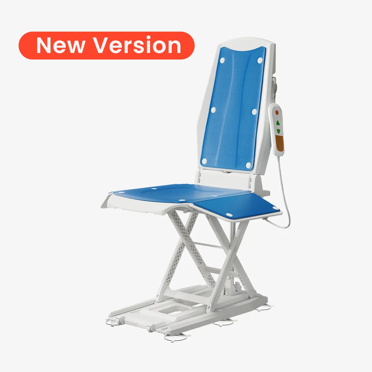 Medical lift chair with blue backrest and seat on white background