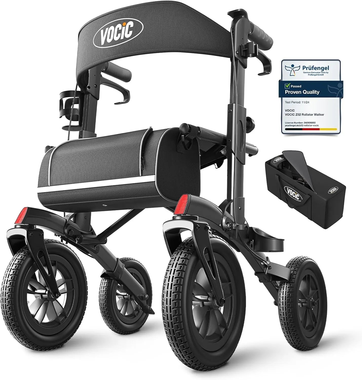 A black VOCIC Z52 all terrain rollator with four wheels, hand brakes, a seat, and additional accessories such as a storage bag and carrying bag.