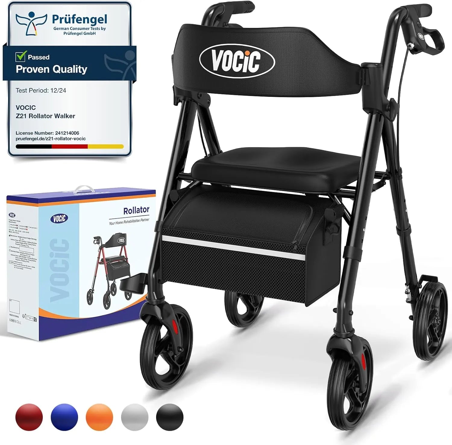 VOCIC Z21 Rollator with seat, brakes, and storage bag, displayed alongside its packaging indicating features and colors available.