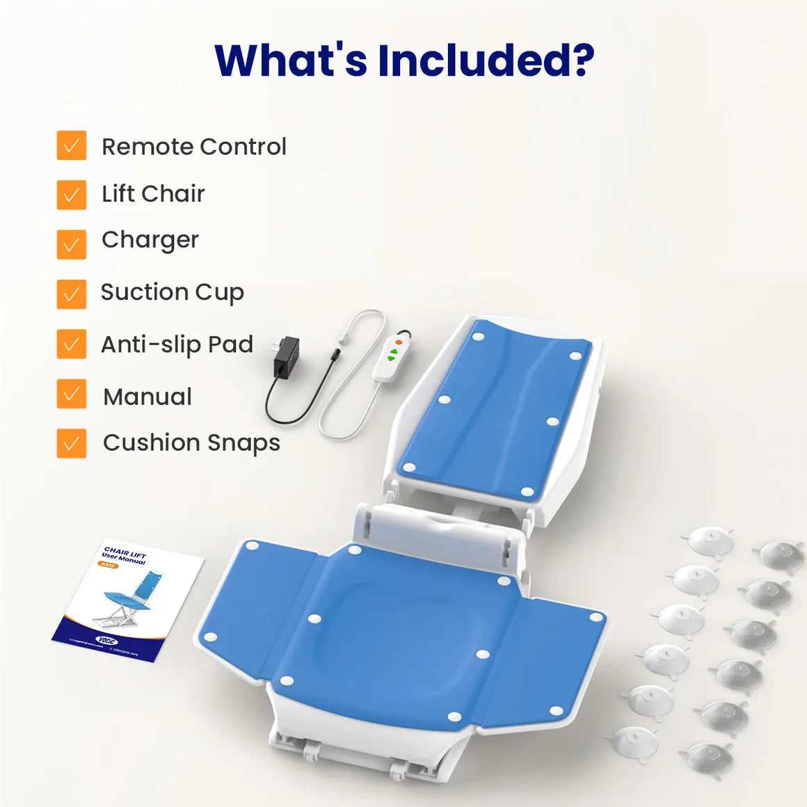 Blue lift chair with included accessories on a white background