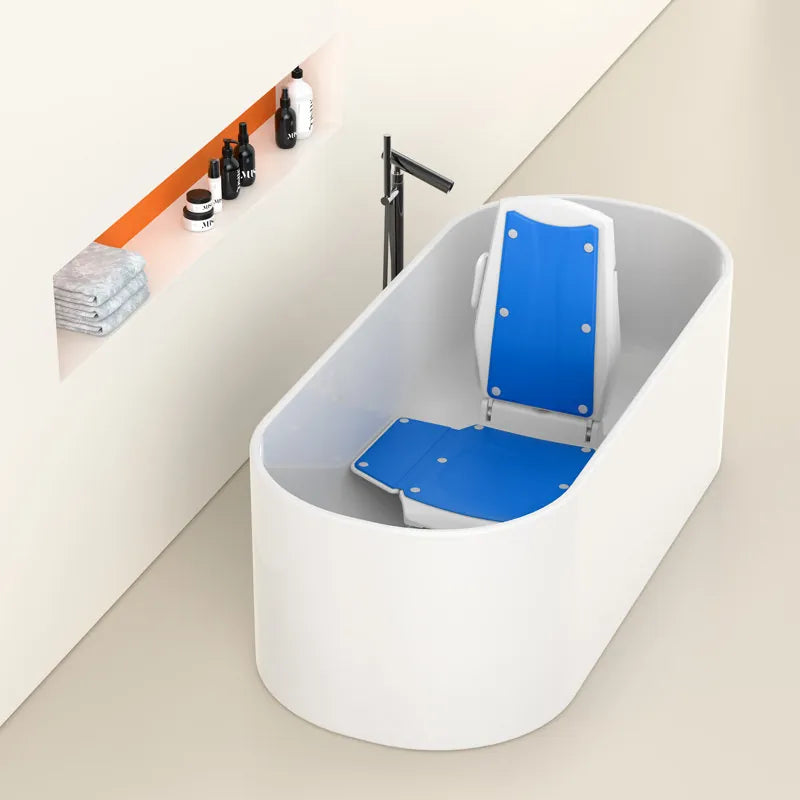White bathtub with blue seat in a minimalistic bathroom.