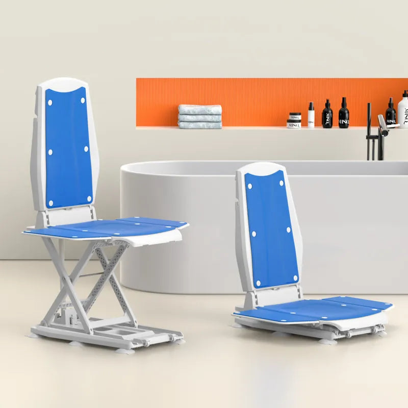 Two blue and gray bath lifts next to a bathtub with a bathroom background.