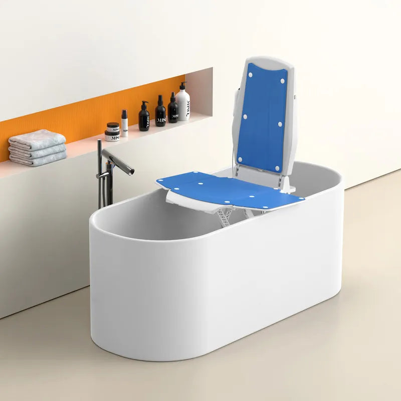 White bathtub with blue adjustable seat in a bathroom setting.