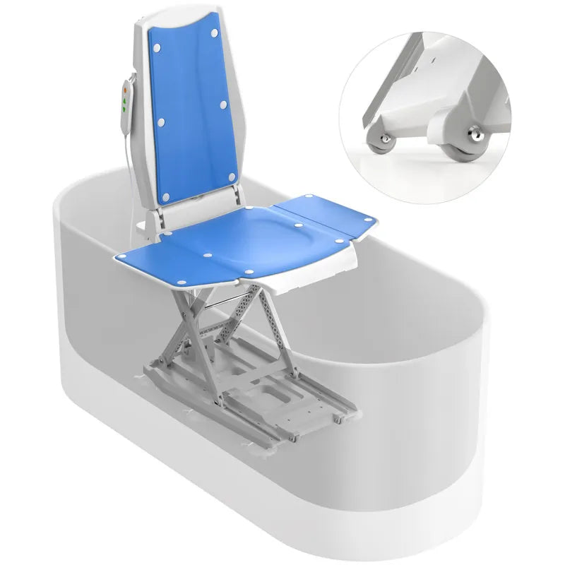 Blue bath lift with detailed view of mechanism on a white background