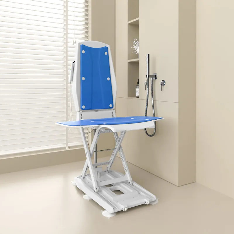 Blue and white bath lift in a bathroom setting.