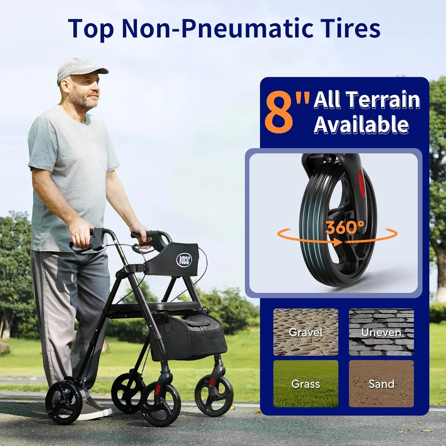 VOCIC Z21 Rollator Walker with a black frame, leather seat, storage bag highlights of the 8-inch non-pneumatic tires.