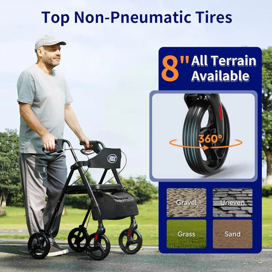 VOCIC Z21 Rollator Walker with a black frame, leather seat, storage bag highlights of the 8-inch non-pneumatic tires.