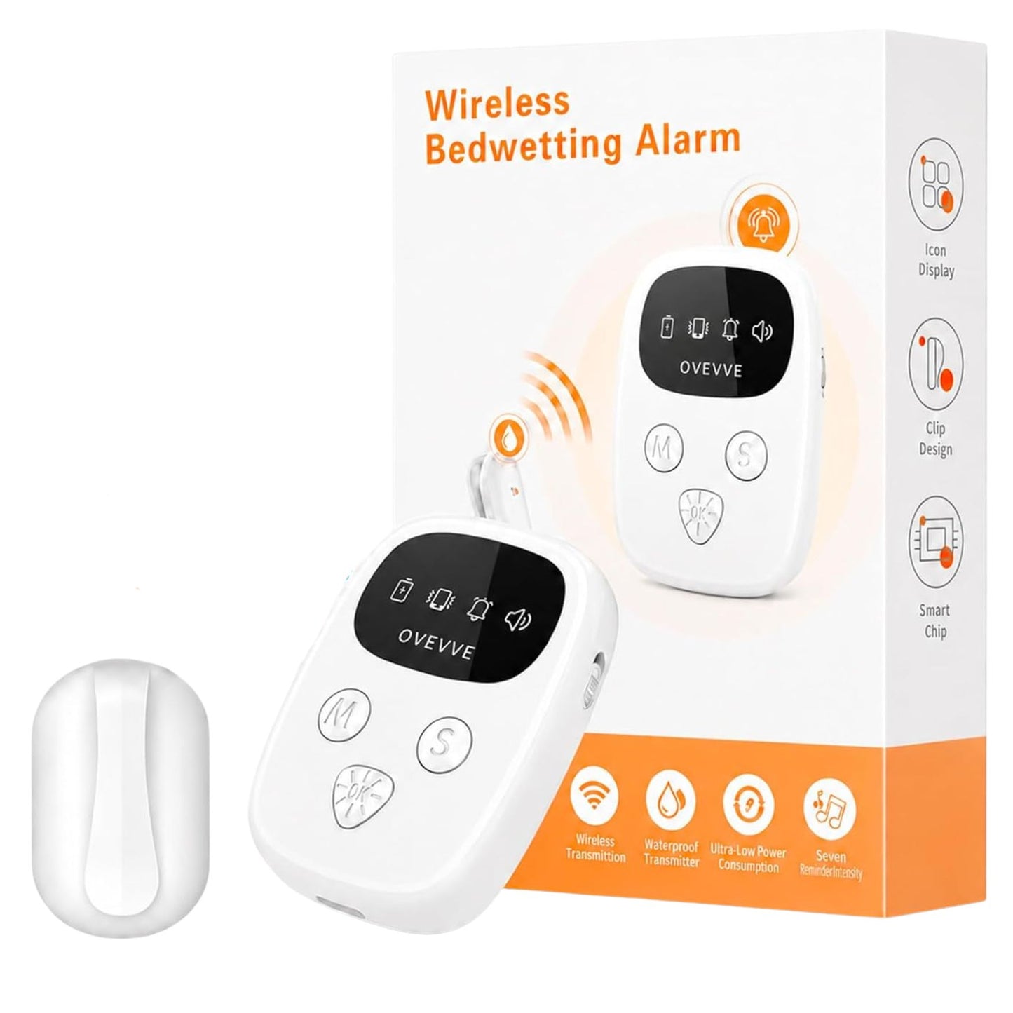 White wireless bedwetting alarm device shown in front of its retail box, with a small remote control placed to the left on a clean white background. The packaging is white and orange with product feature icons, and the device has a black display screen and oval control buttons.
