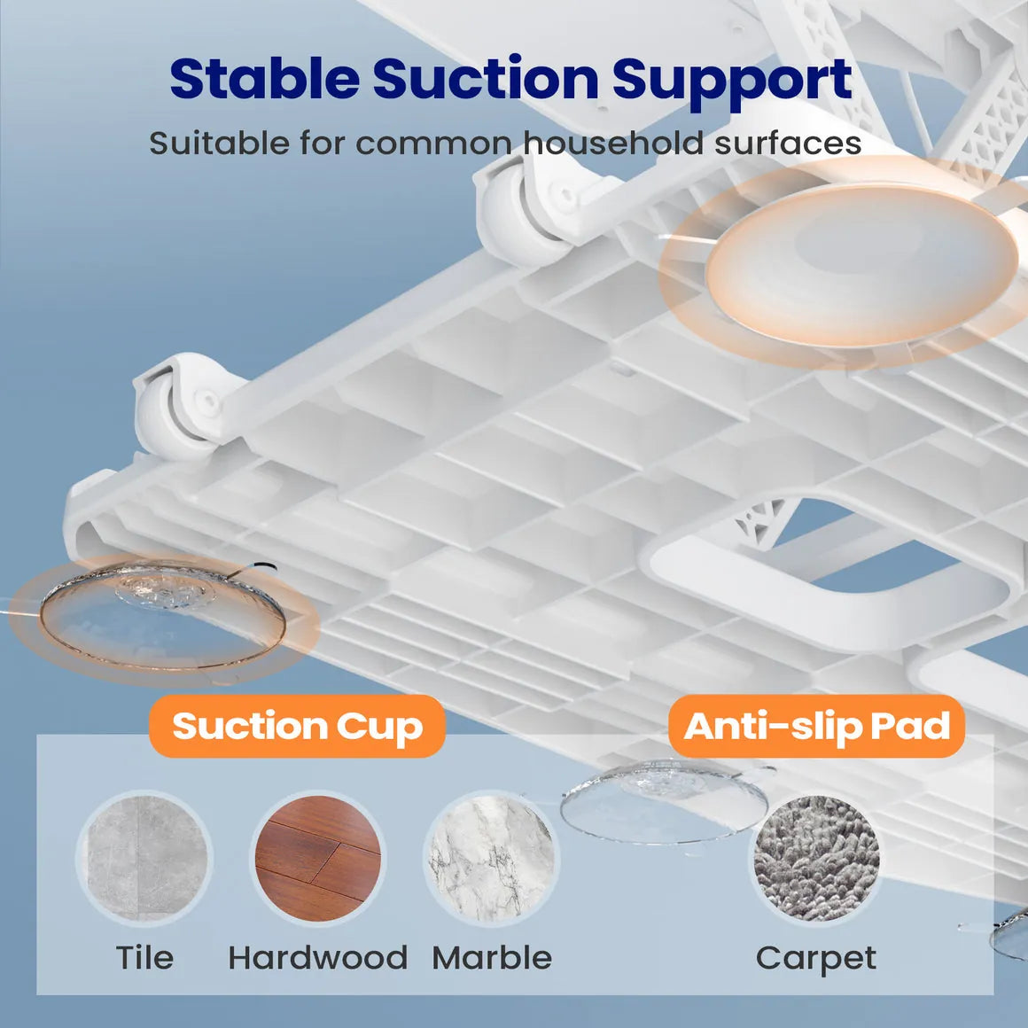 Hanging kitchen rack with suction cups and anti-slip pads on a textured surface.