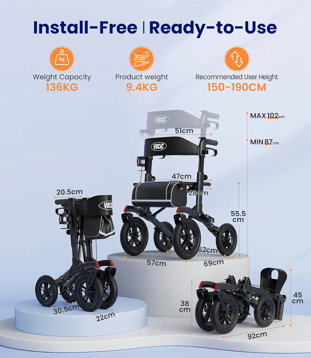 An image showing the VOCIC Z52 in both folded and unfolded states, the image shows the dimesions of each state.