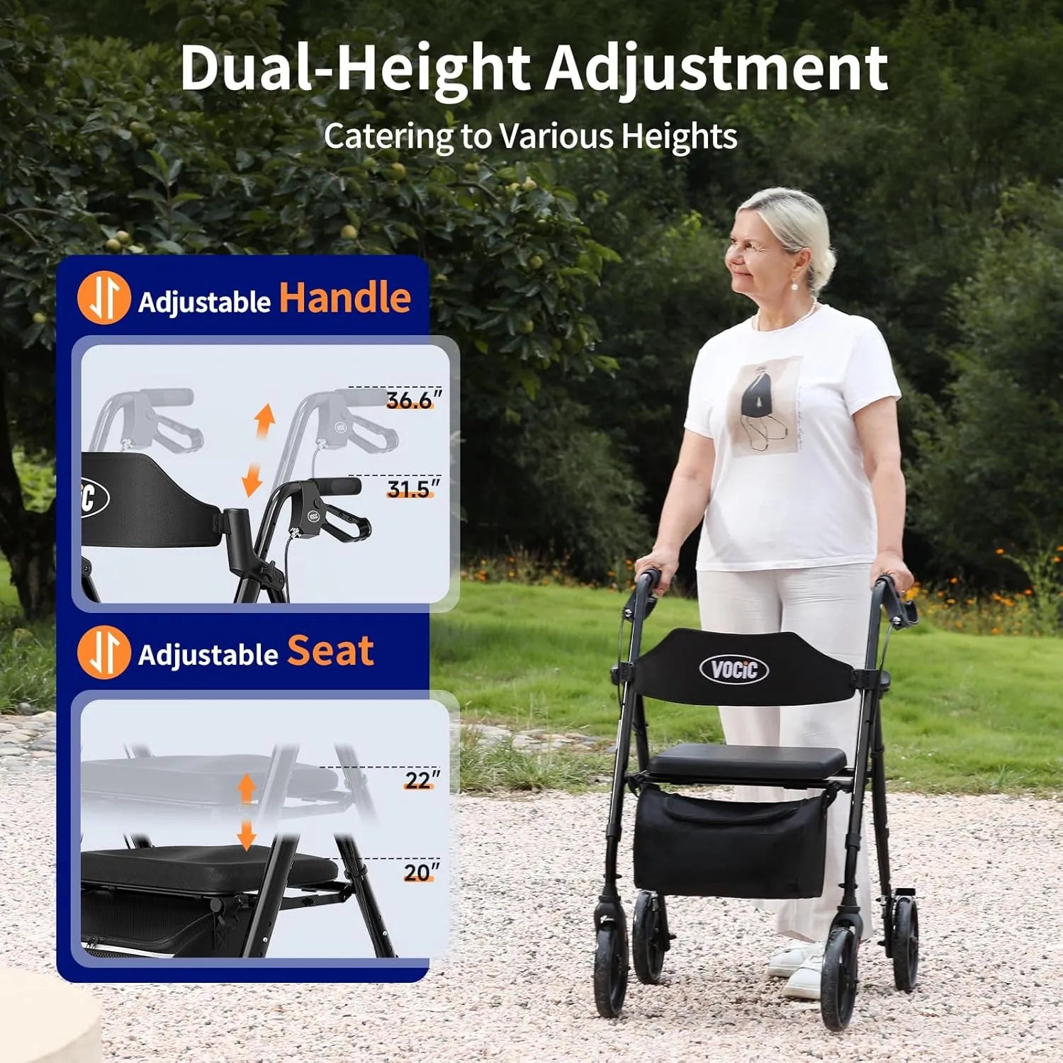 VOCIC Z21 Rollator Walker with a black frame, leather seat, storage bag,showing how the handles and seat are height adjustable.