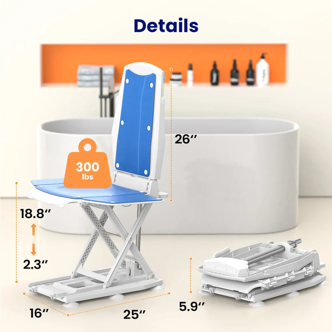 Detailed view of a blue and white bath seat with measurements and weight capacity.