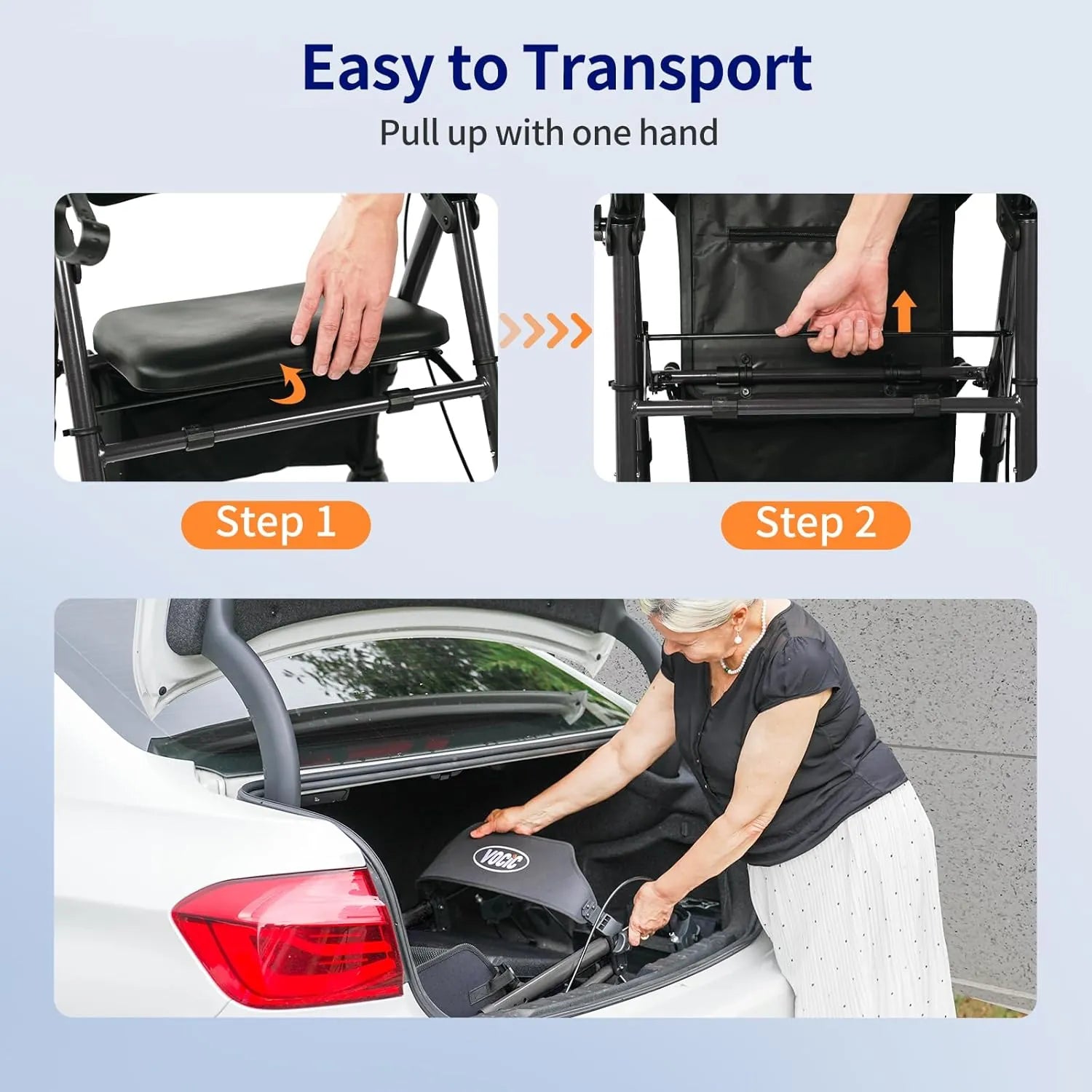 VOCIC Z21 Rollator Walker with a black frame, leather seat, storage bag, showing how to fold easily for transport.