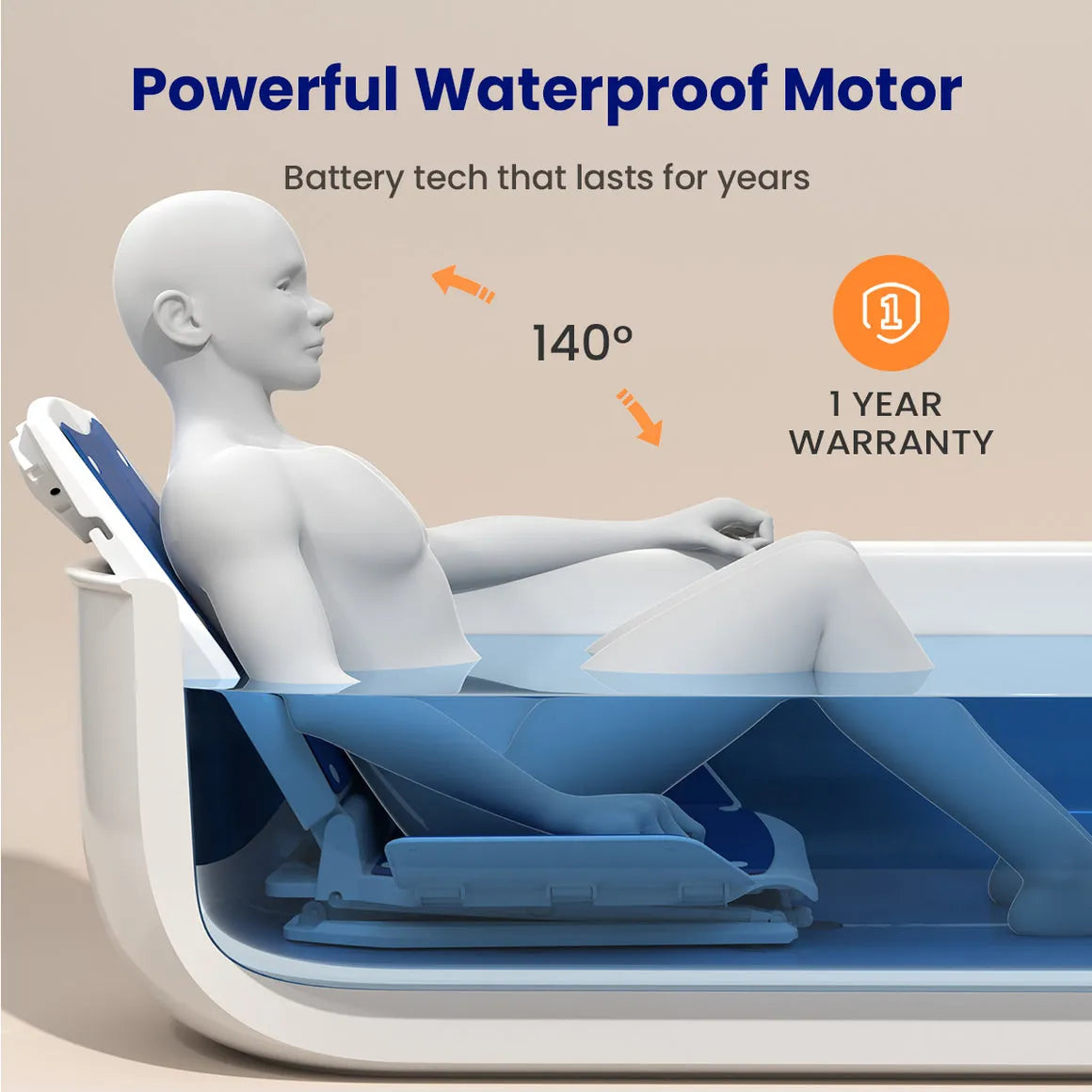 Recliner chair with powerful waterproof motor and long-lasting battery technology.