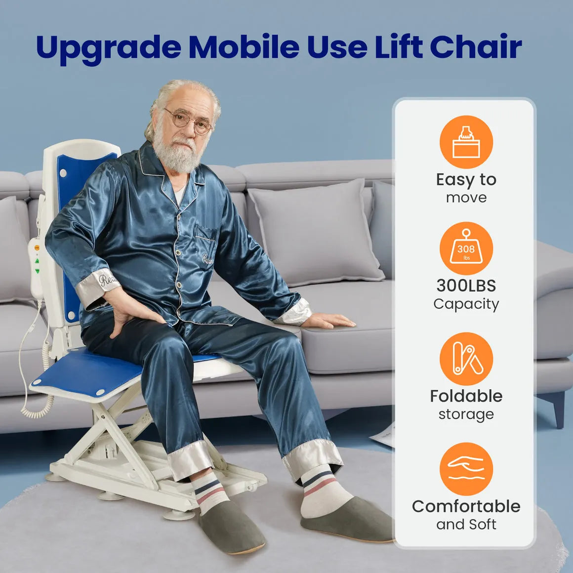 Man using a lift chair in a living room with product features displayed.