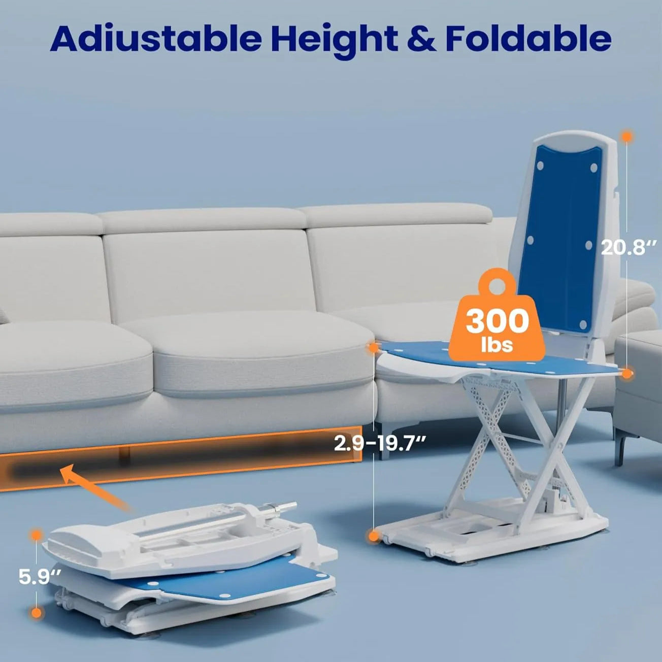 Adjustable height and foldable table on a blue background with a sofa.