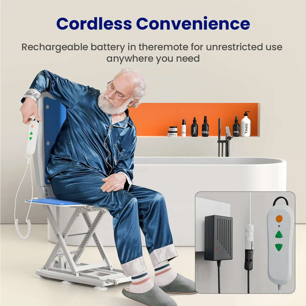 Man using a cordless electric chair in a bathroom with a remote control.