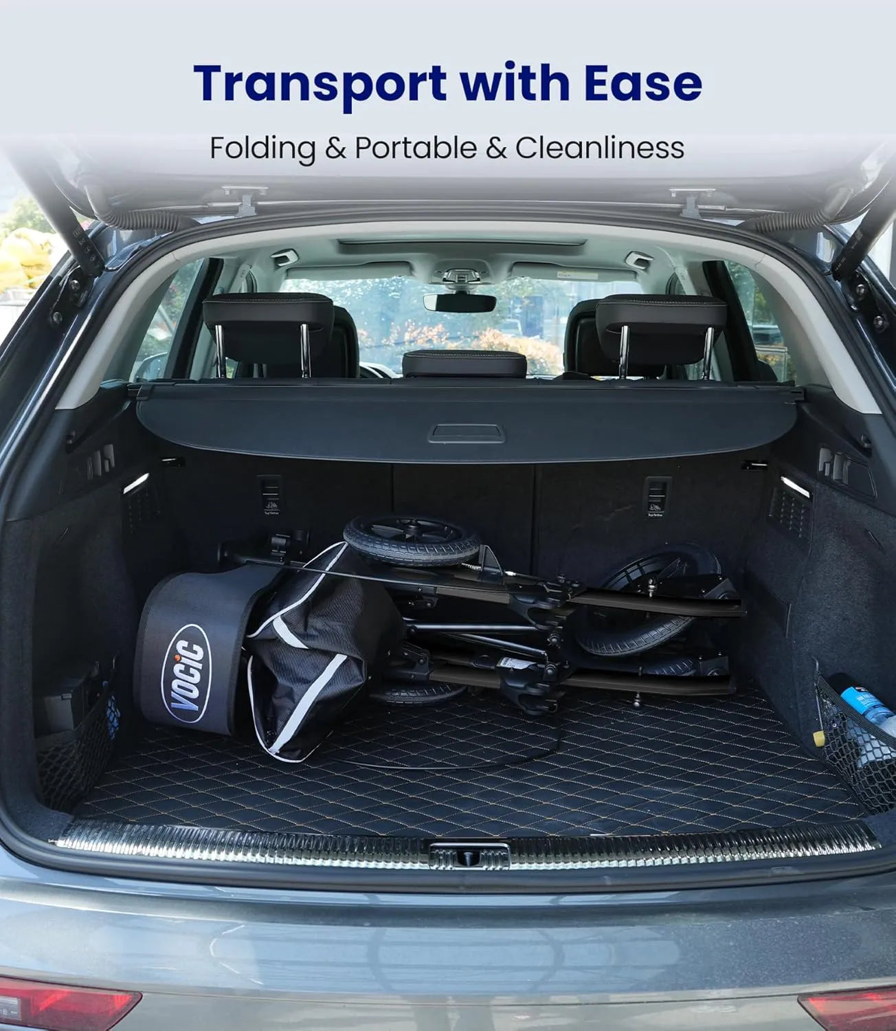 A black VOCIC Z52 folded in the rear of a car.