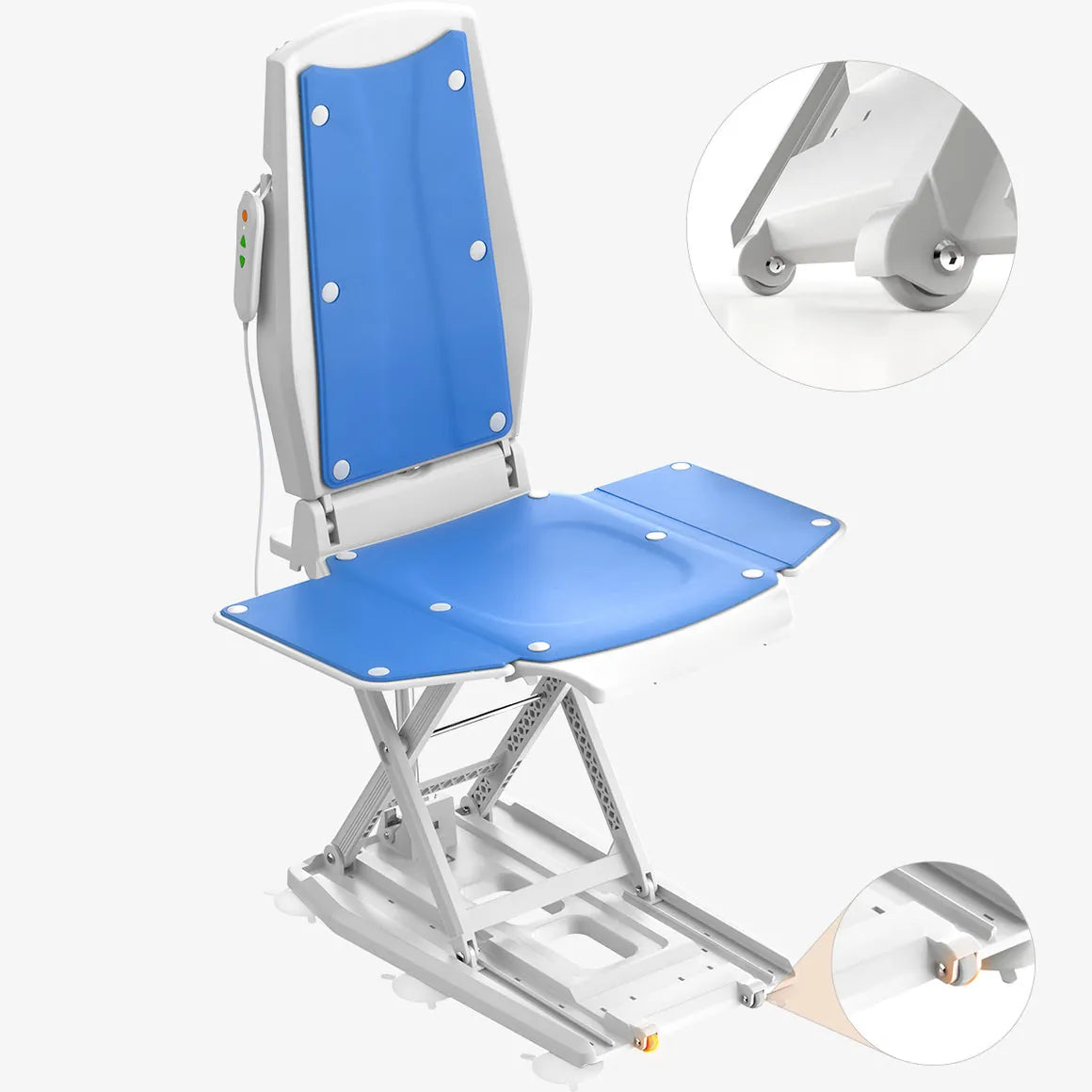 Blue and white adjustable chair with detailed view of wheels on a white background.