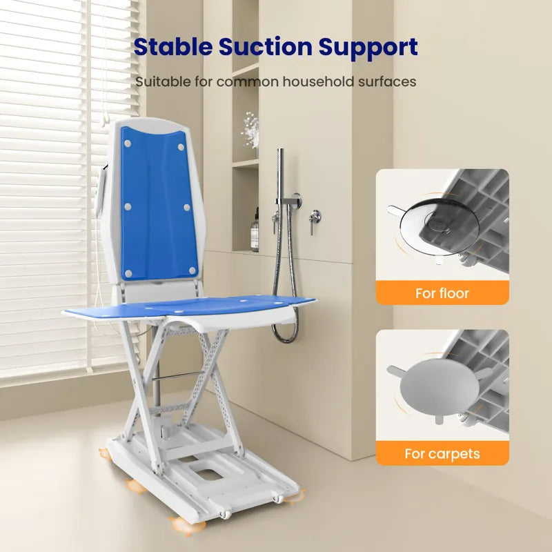 Blue and white bath lift chair in a bathroom setting with stability support features.