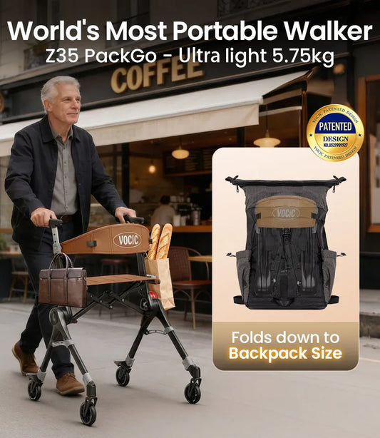 Man pushing a VOCIC Z35 Super Lightweight Rollator: Less than 6kg walker showing how it fits in a backpack in an urban setting.