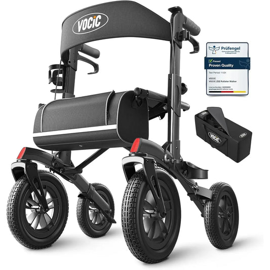 A black VOCIC All Terrain Rollator with 12-inch wheels, brakes, and a seat, displayed alongside a carrying bag and a product label indicating a 5-year guarantee.