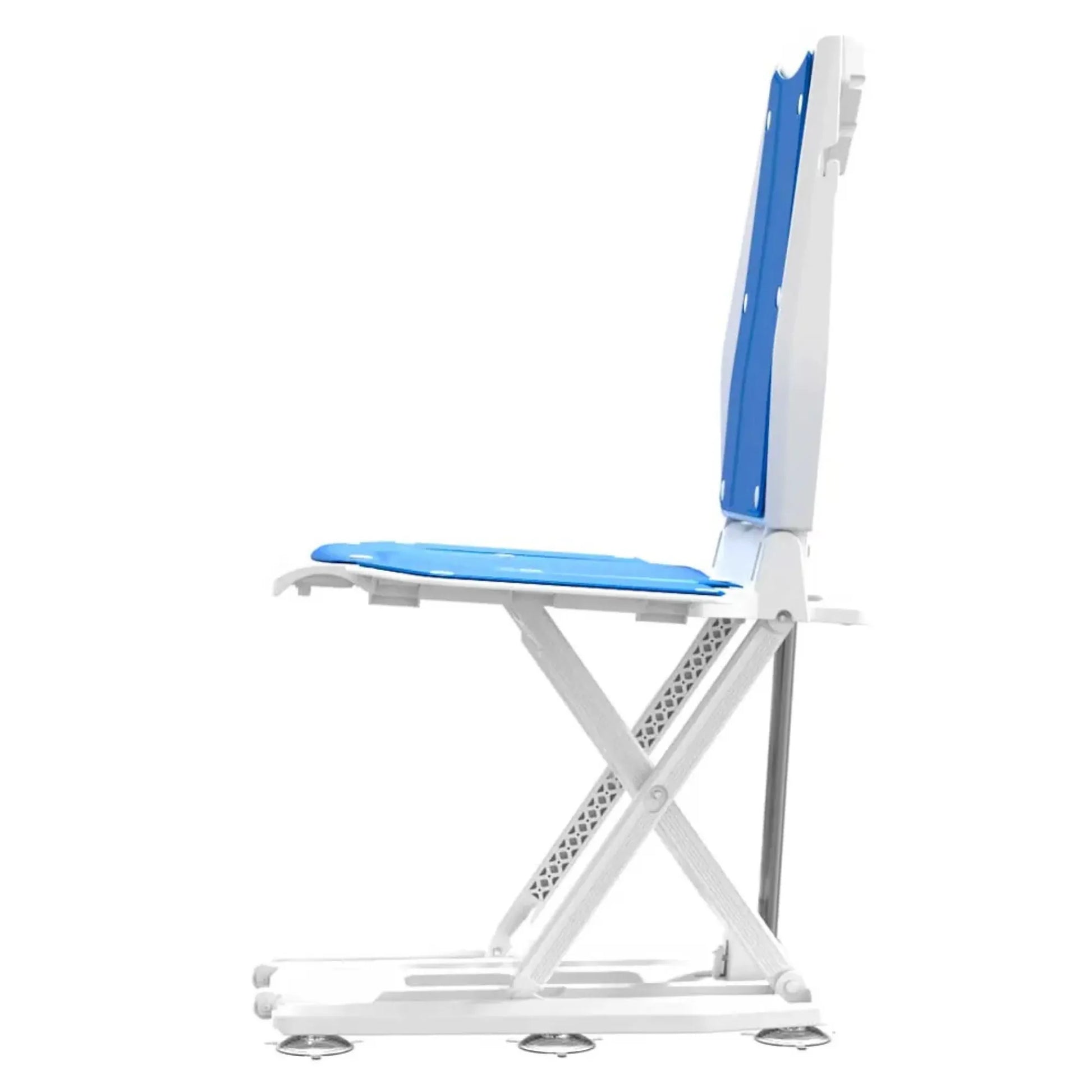 White and blue adjustable chair on a white background