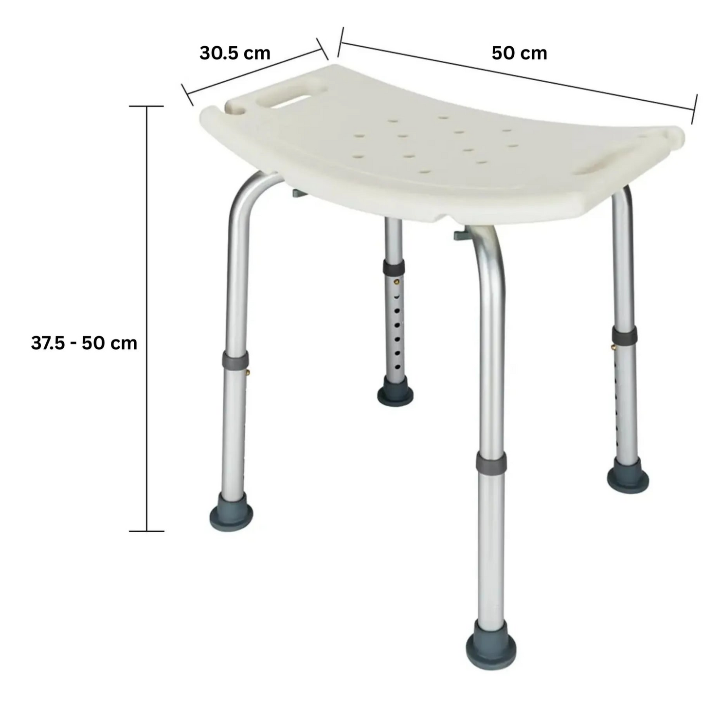 Measurement chart of a adjustable shower stool with dimensions labeled.