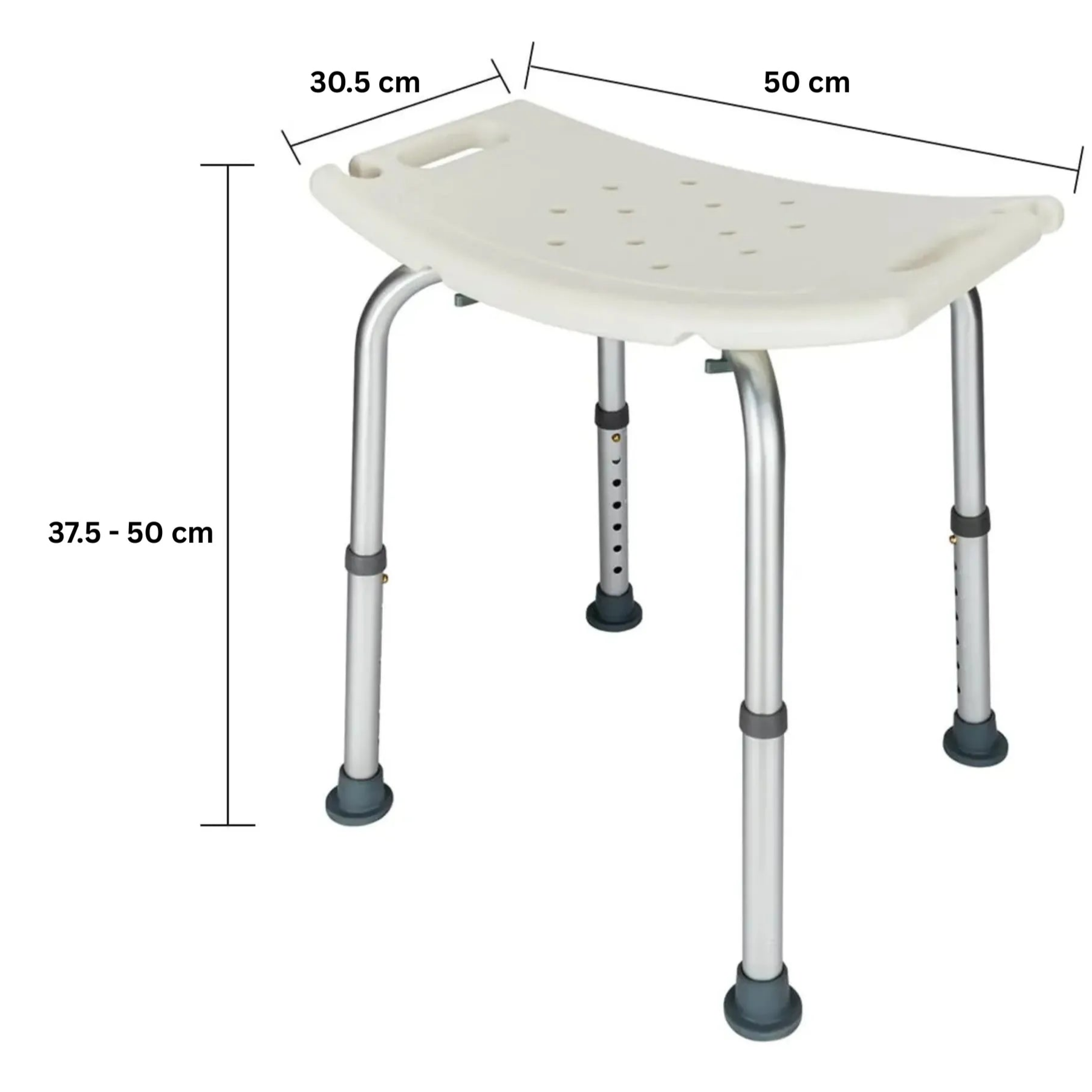 Measurement chart of a adjustable shower stool with dimensions labeled.