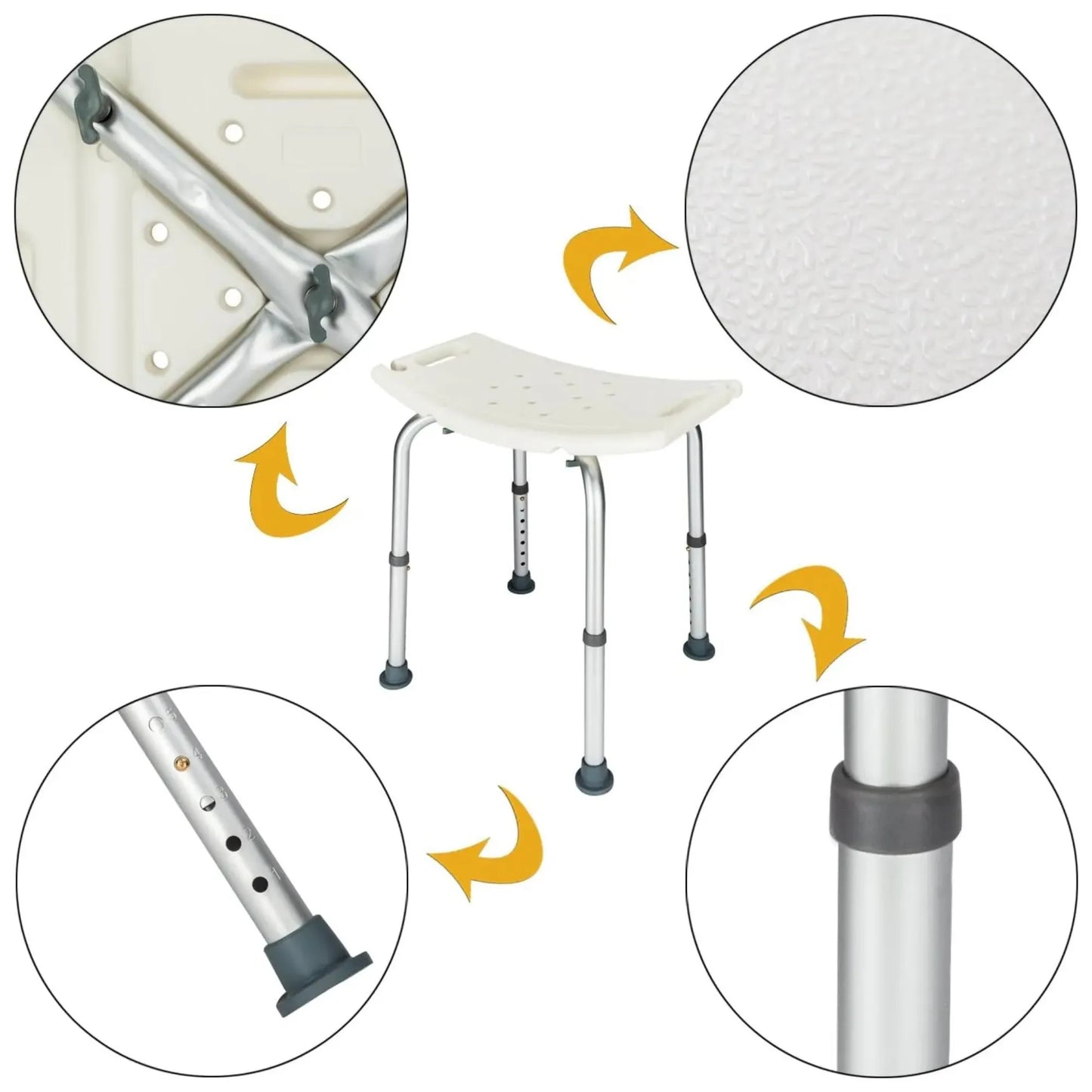 Detailed view of a adjustable shower seat with close-ups of its features on a white background.