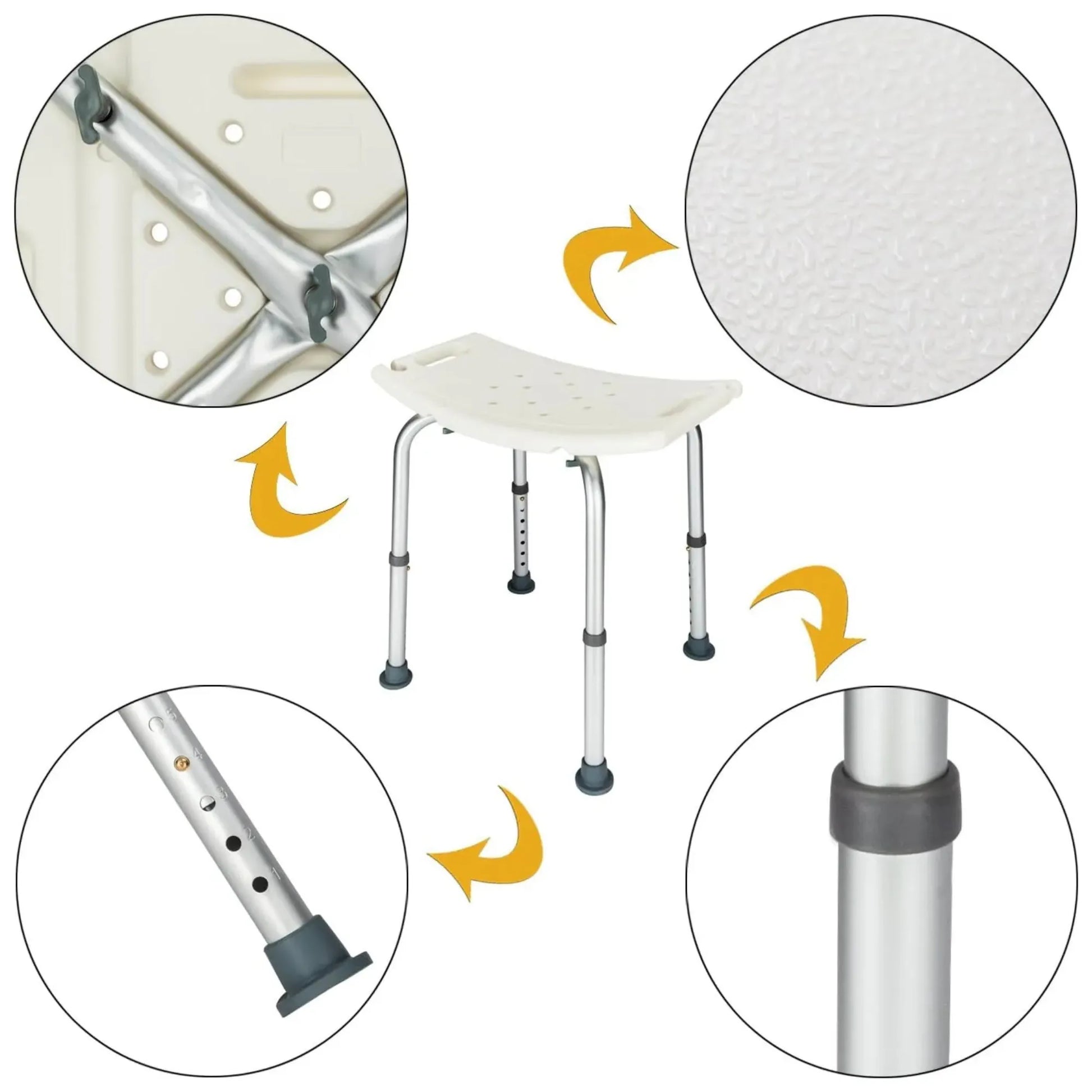 Detailed view of a adjustable shower seat with close-ups of its features on a white background.