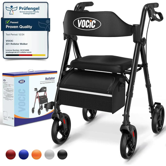 VOCIC Z21 Rollator Walker with a black frame, leather seat, storage bag, and color options shown in the image.