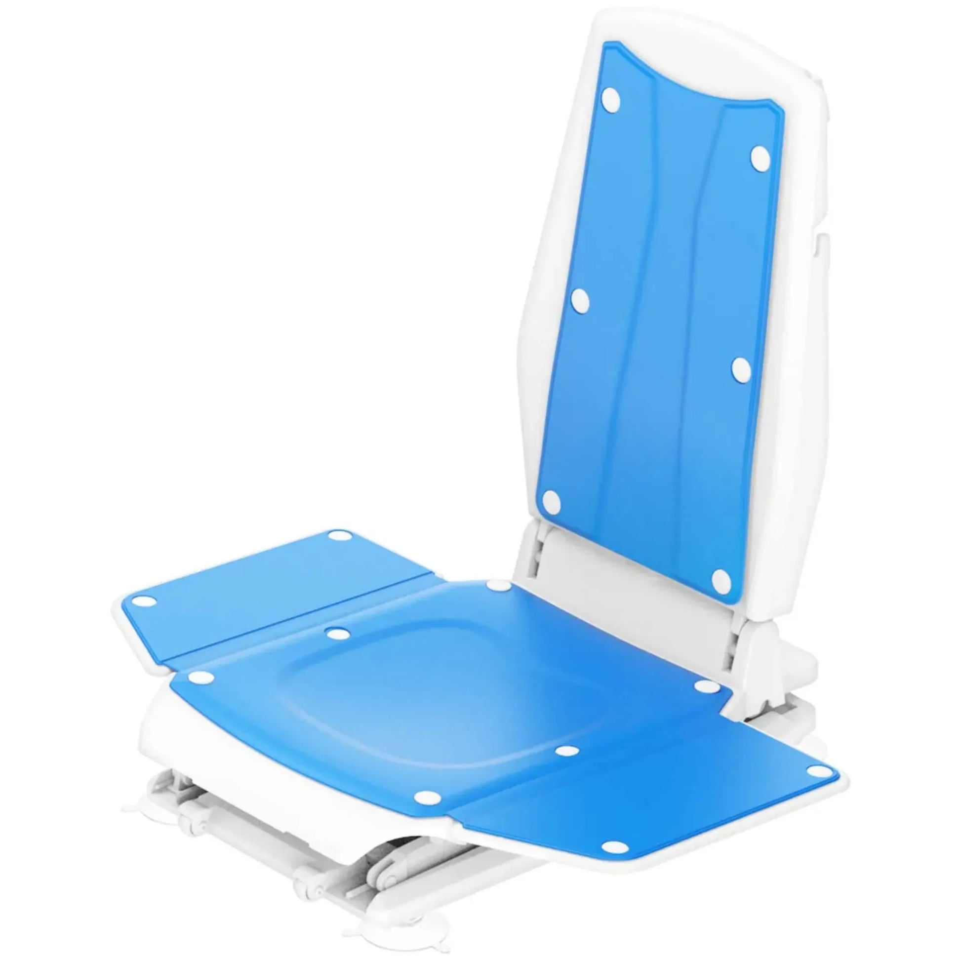 Blue adjustable bathtub seat with white backrest on a white background