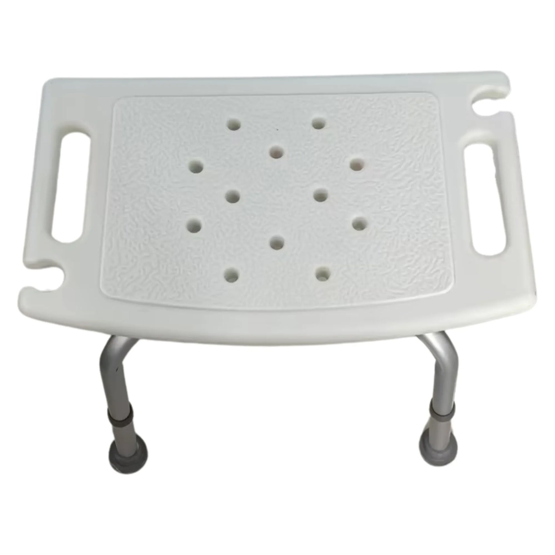 White shower bench with handles on a white background