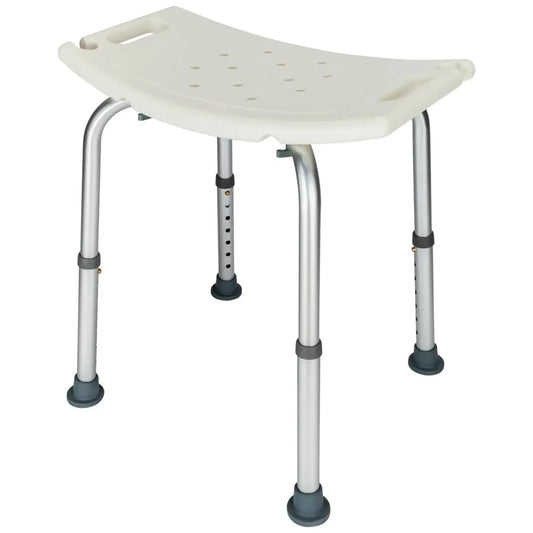 A lightweight adjustable height shower stool with a white seat and aluminum frame, featuring strong sucker-shaped feet and a built-in shower head holder.