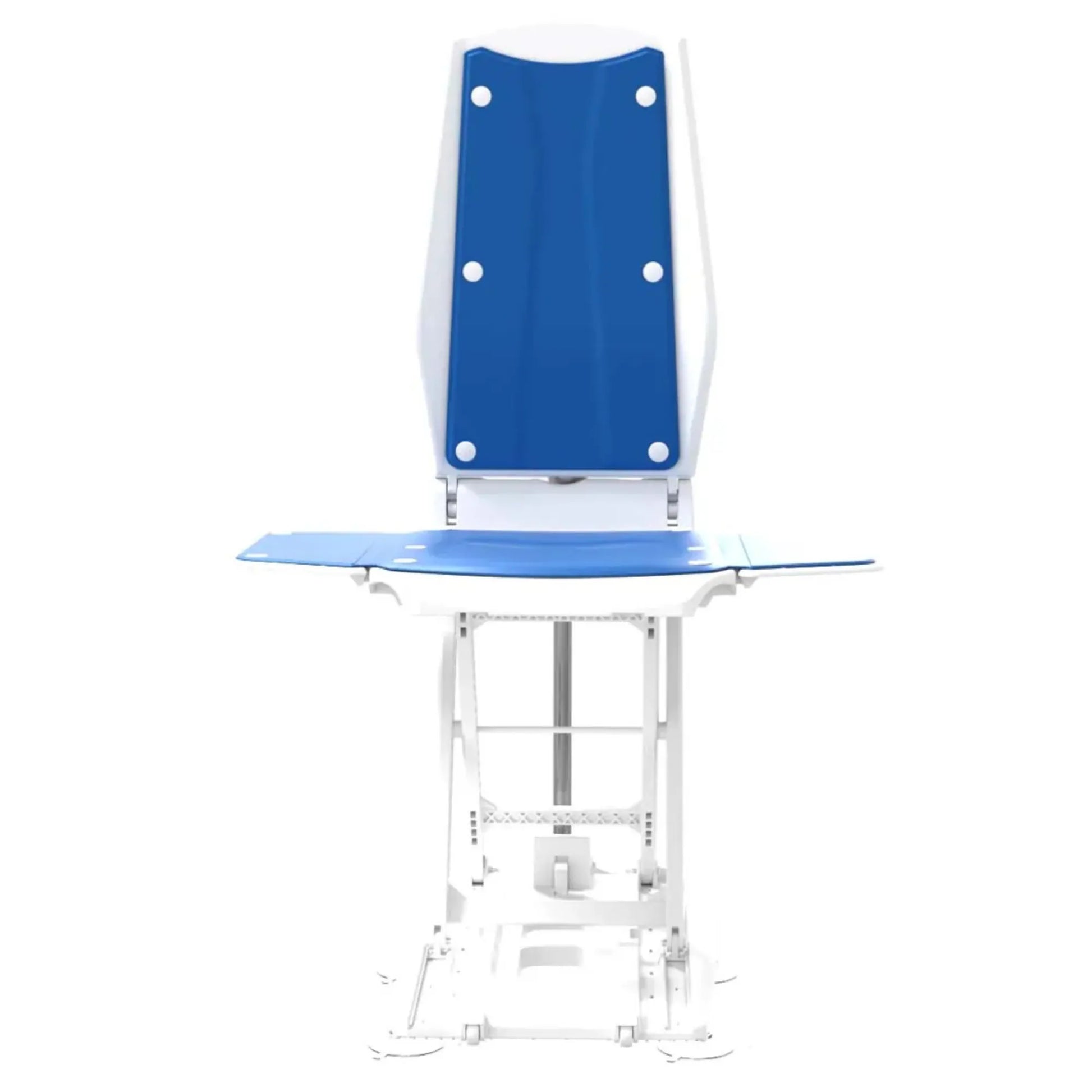 Blue and white chair with a clear backrest on a white background