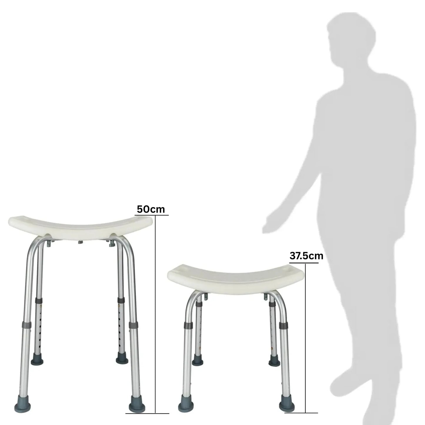 Measurement chart showing a shower stool with dimensions and a silhouette of a person for scale.