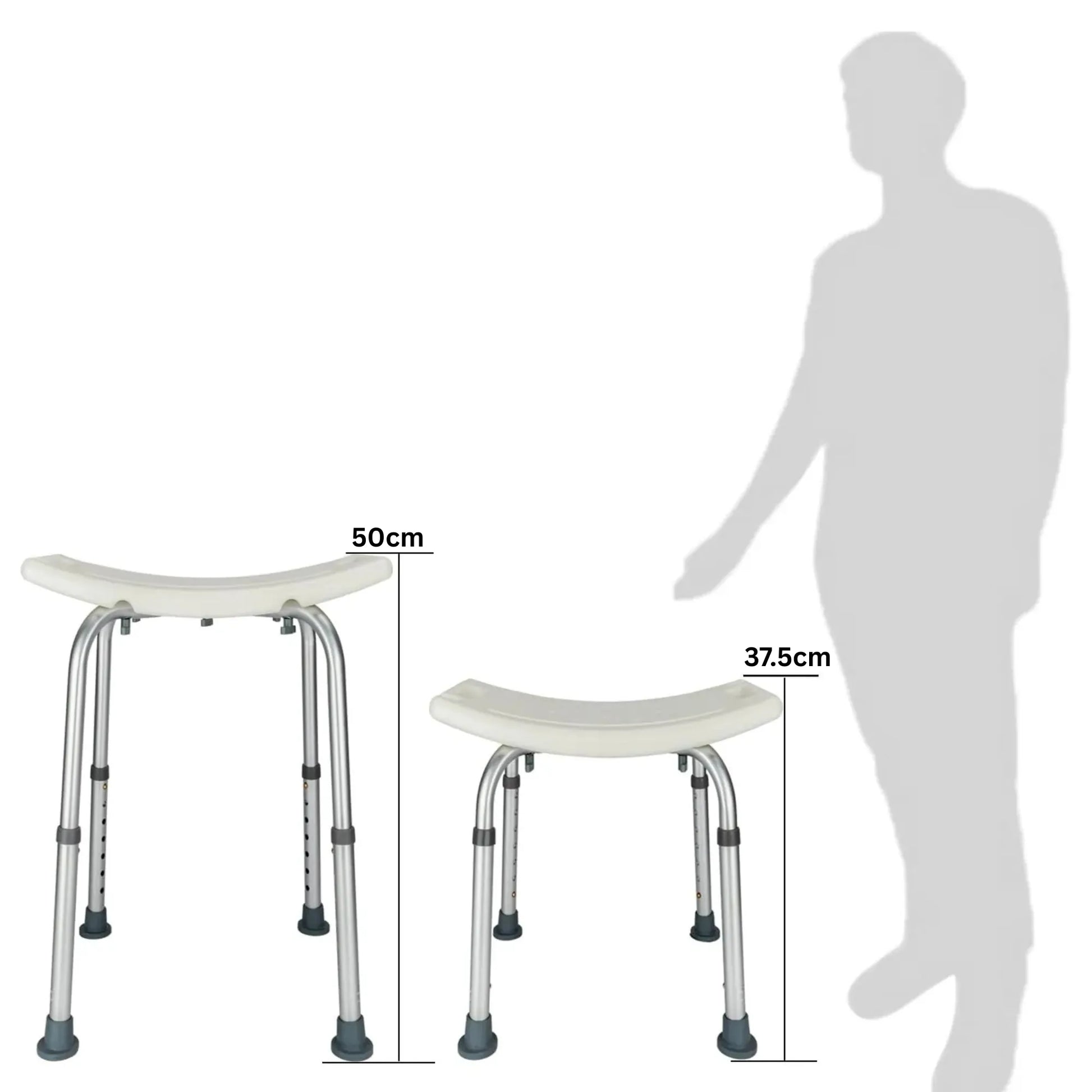 Measurement chart showing a shower stool with dimensions and a silhouette of a person for scale.