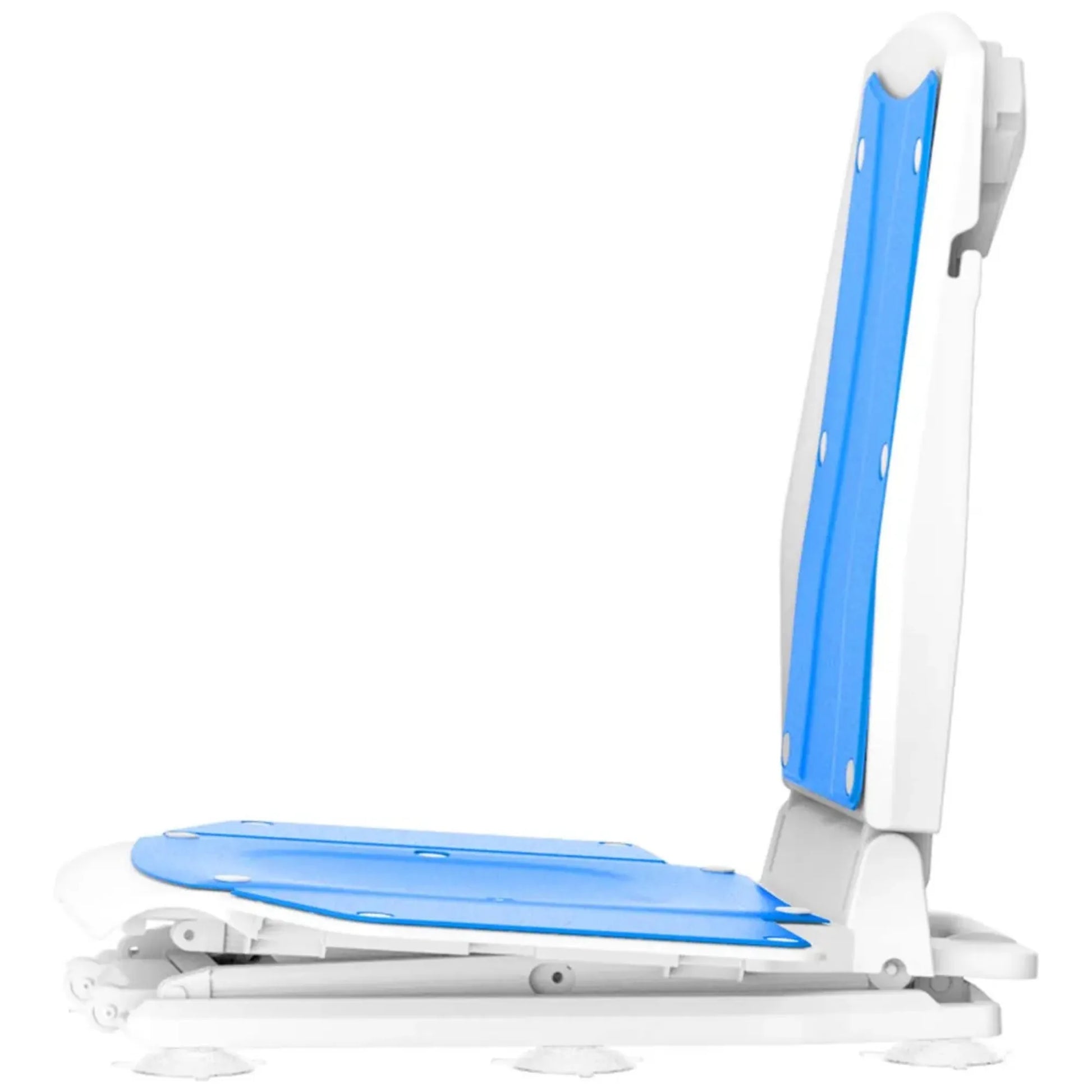 Folding chair with blue seat and backrest on a white background