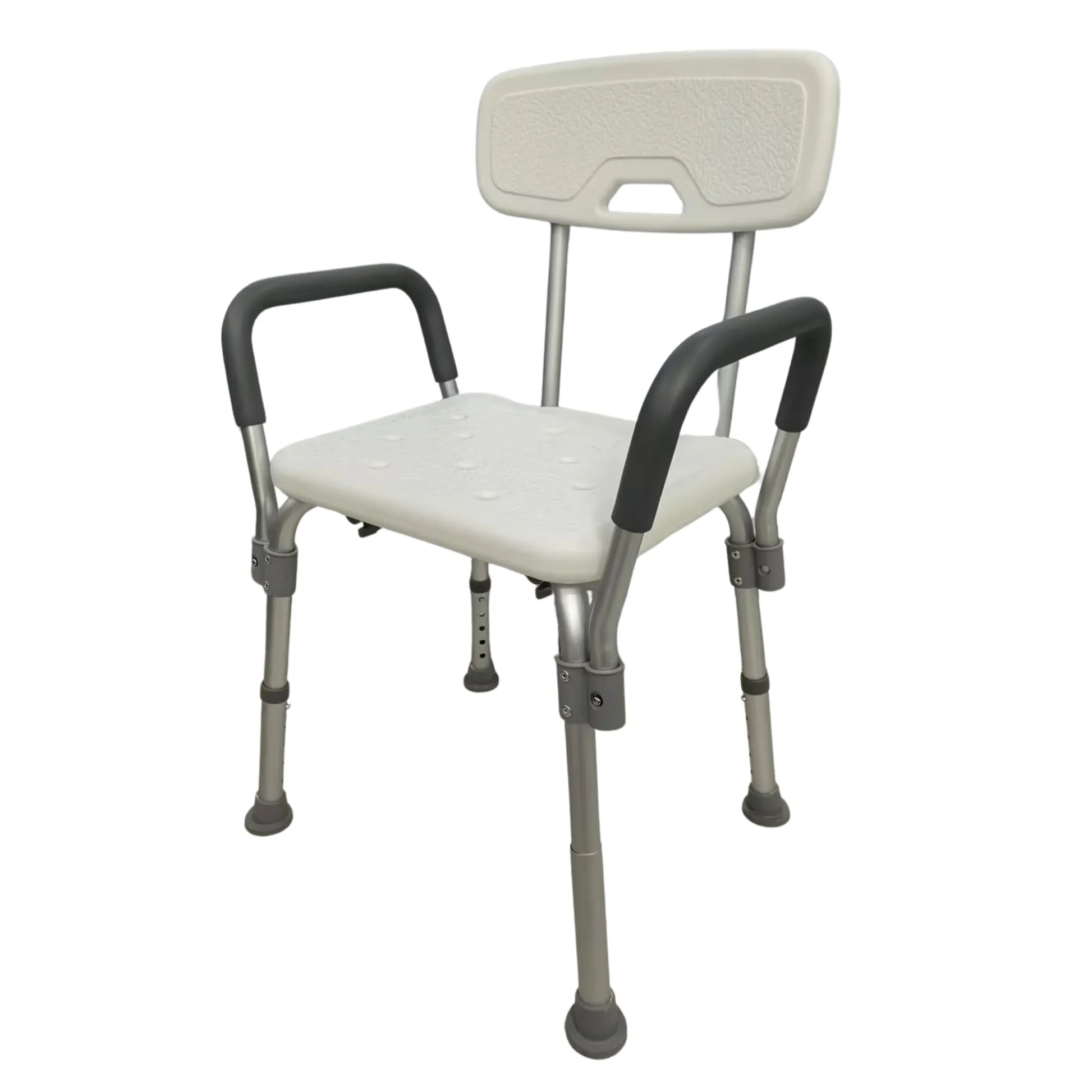 Shower chair with white seat and gray frame on a white background