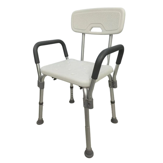 Shower chair with white seat and gray frame on a white background