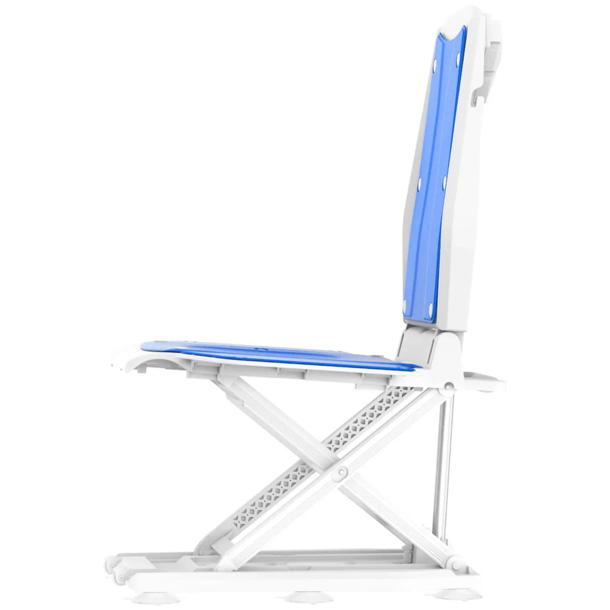 Folding chair with blue backrest and seat on a white background