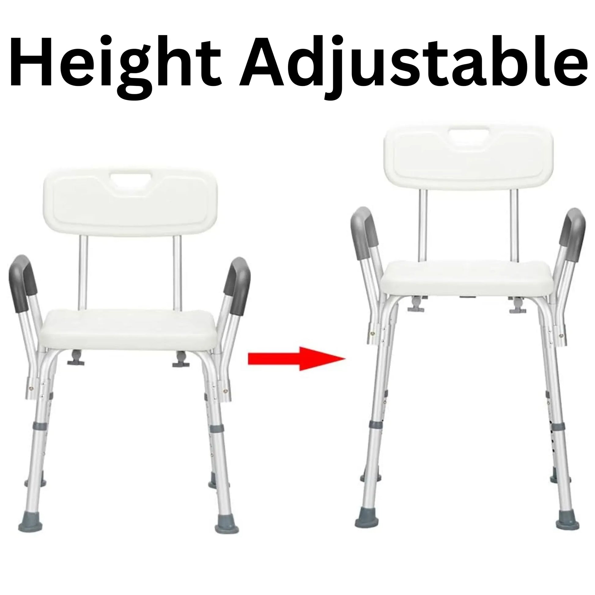 Two height-adjustable chairs with a red arrow pointing to one, labeled 'Height Adjustable'.