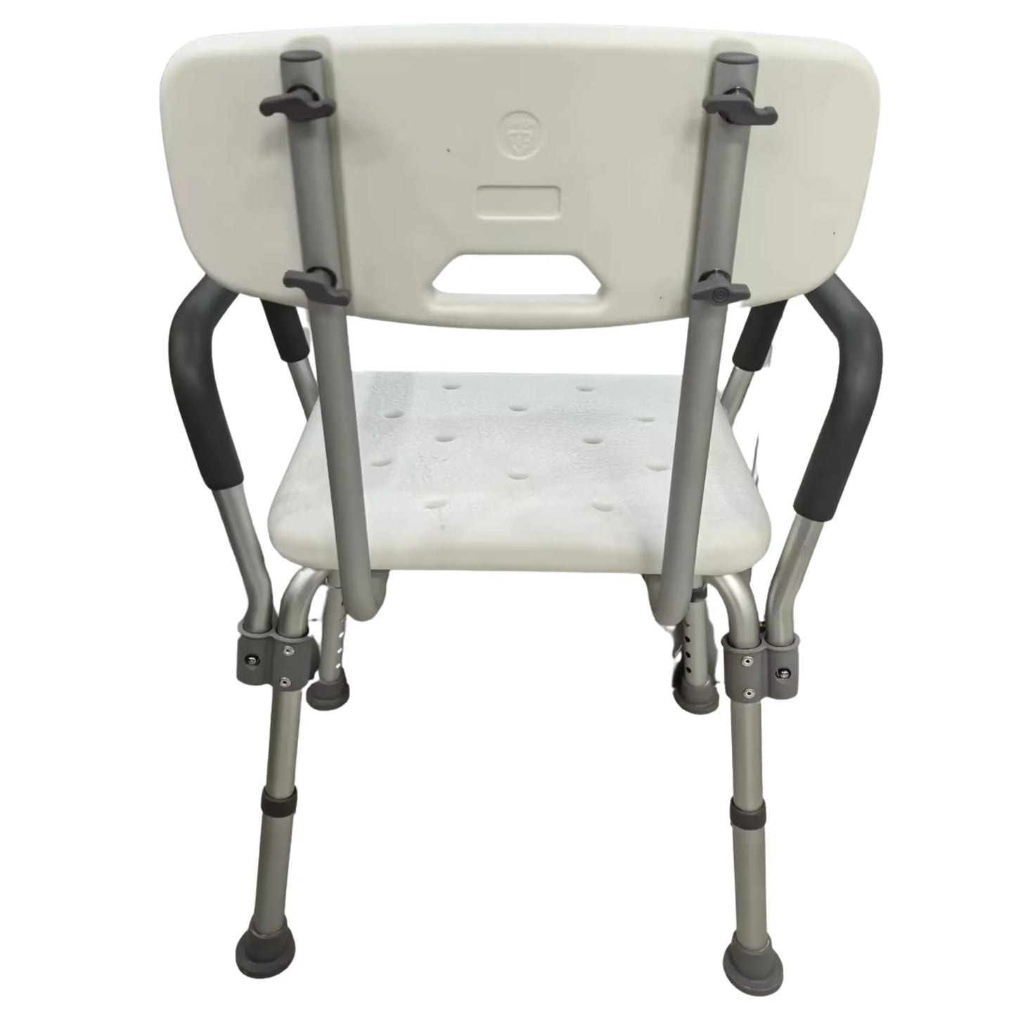 White shower chair with gray arms and legs on a white background