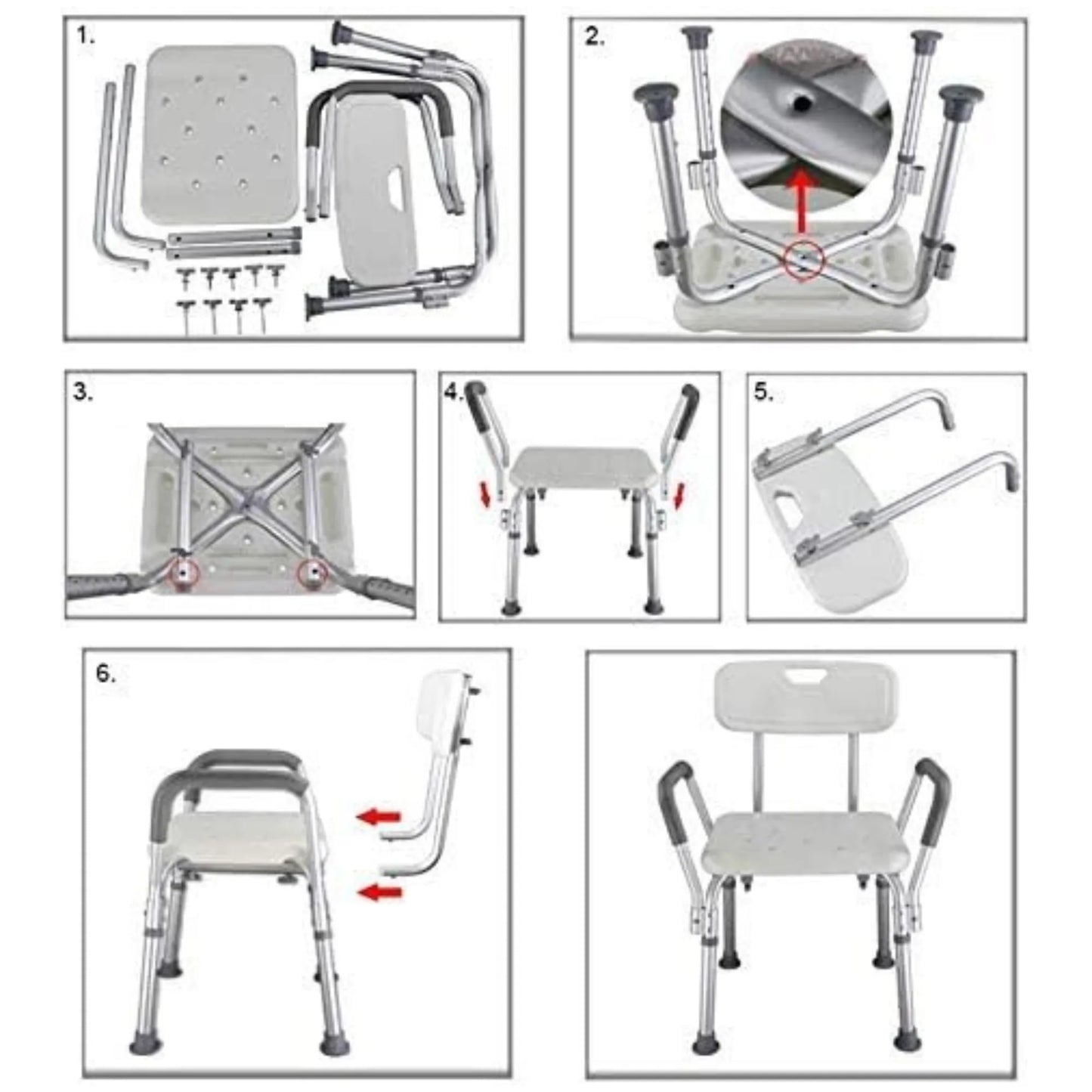 Step-by-step assembly instructions for a height adjustable shower chair with metal frame.