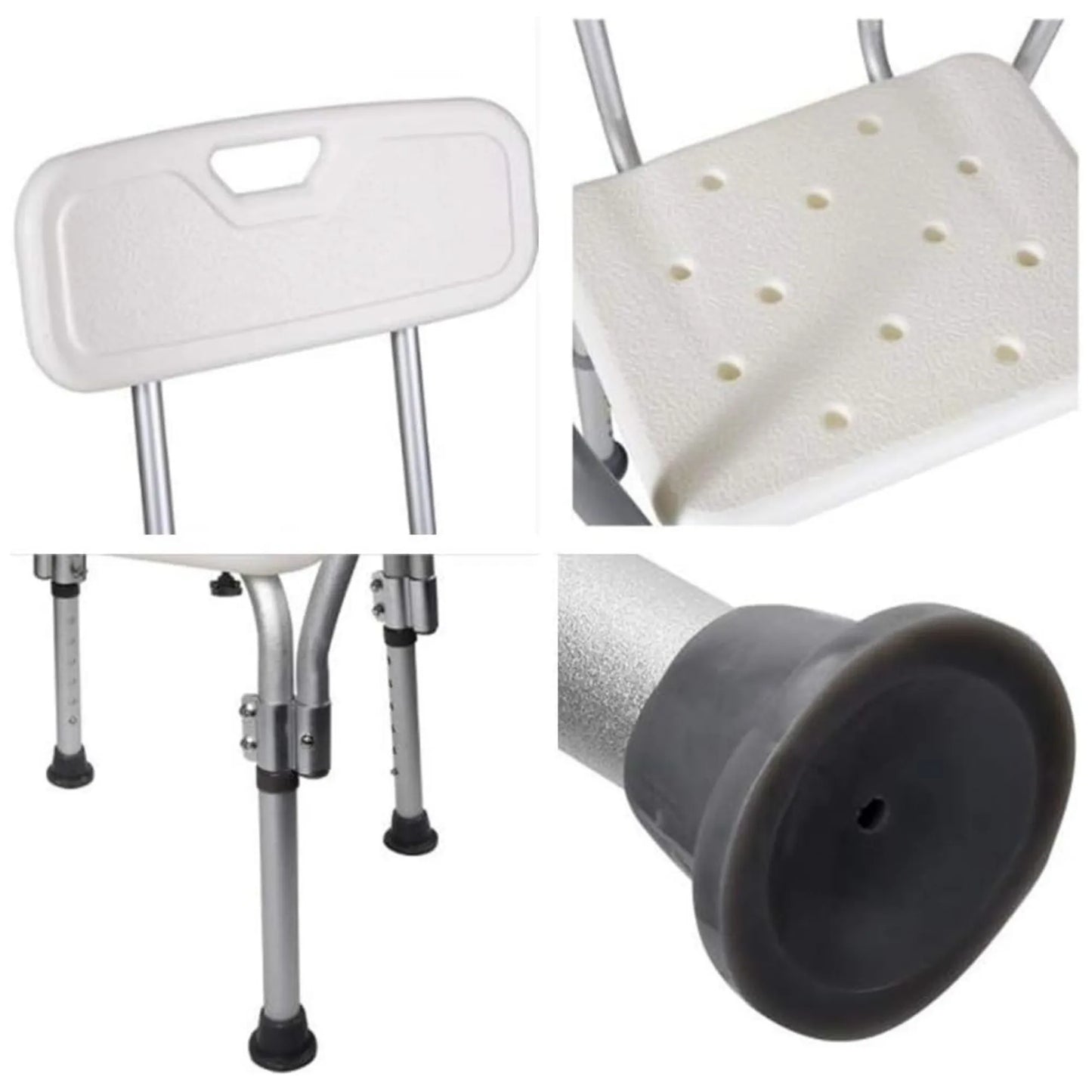Collage of a shower bench with backrest, seat pad, and support leg on a white background.