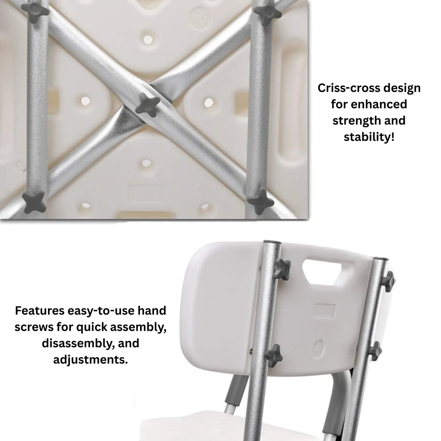 Close-up of a chair with criss-cross design and hand screws for assembly.