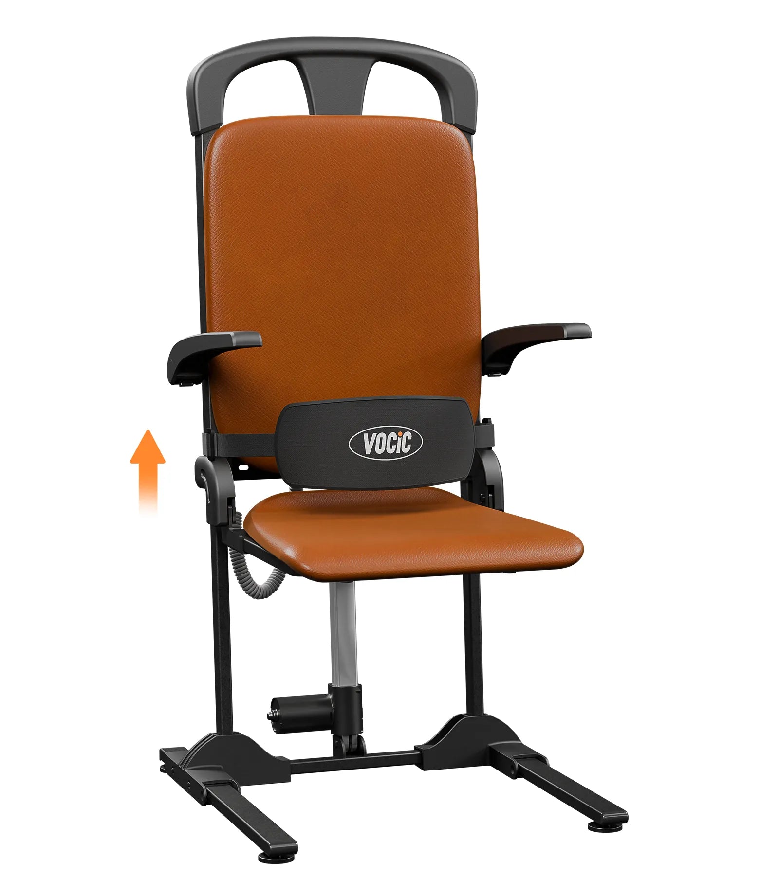 Brown lifting chair with black frame on a white background