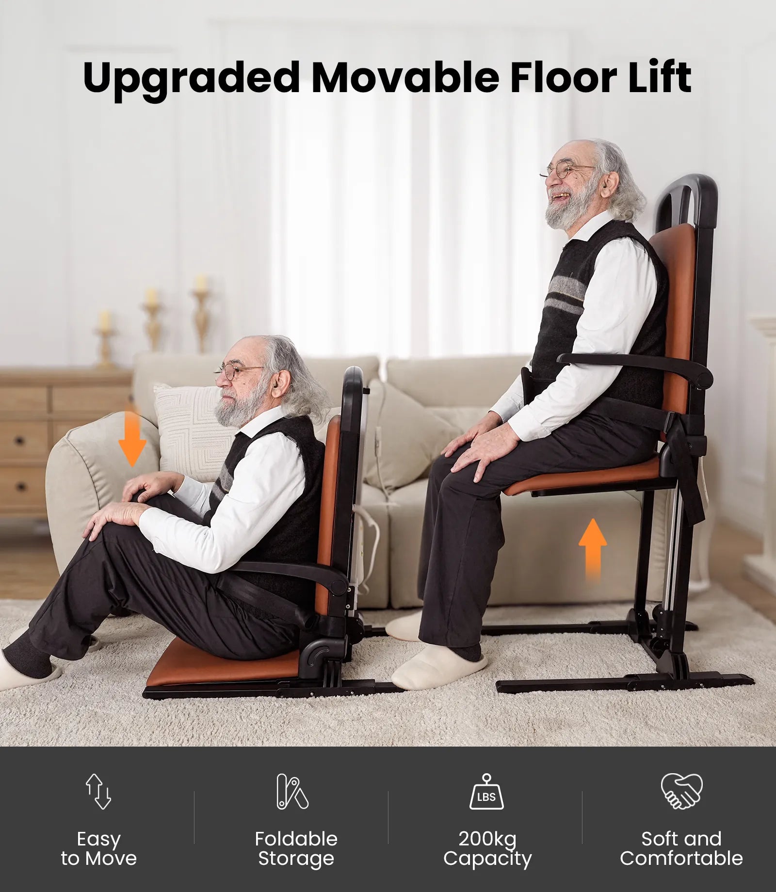 Upgraded movable floor lift assisting two men in a living room.