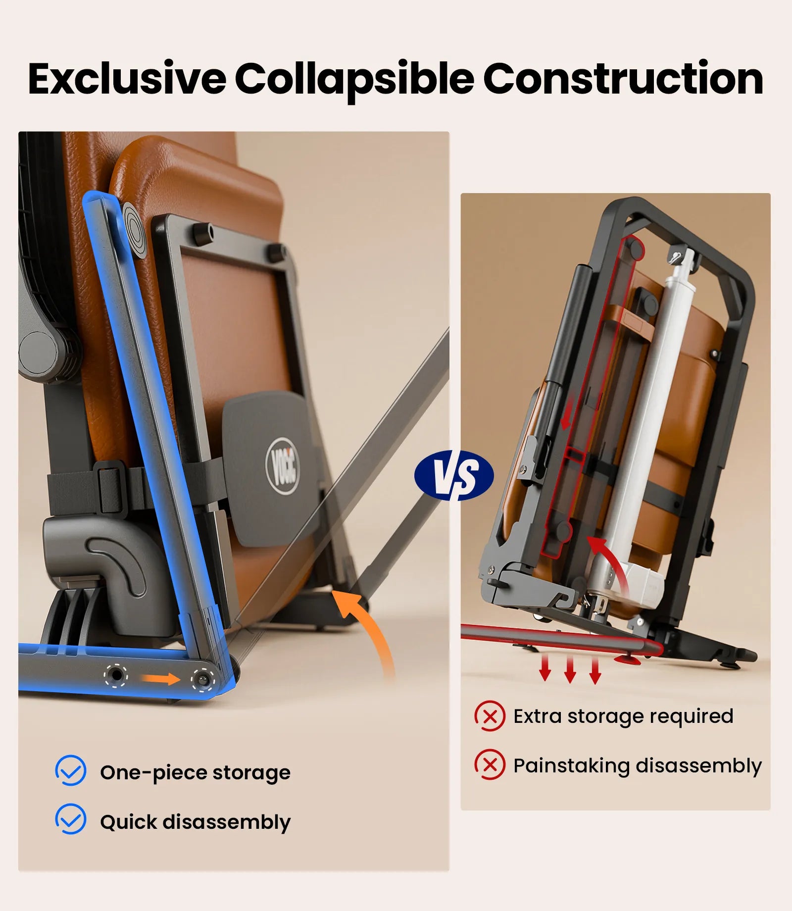 Collapsible construction feature comparison with one-piece storage and quick disassembly.
